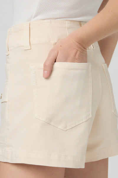 Quartz sand cargo shorts front pocket close-up with button detail