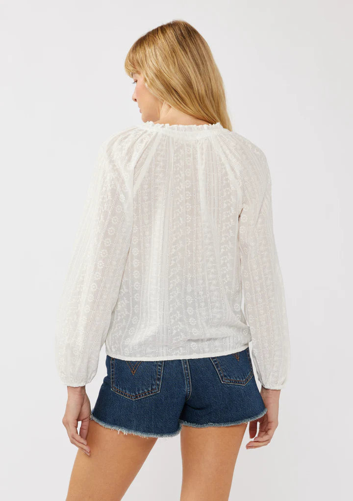 Long sleeve floral v split neck blouse in white back view
