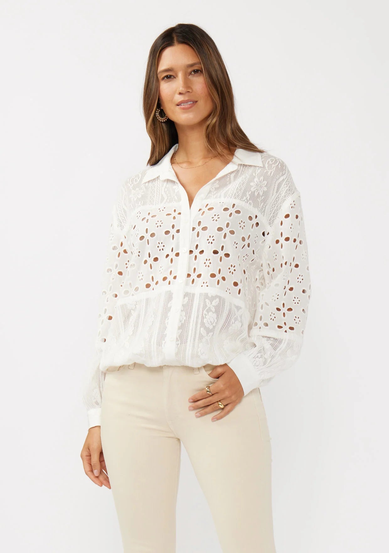 Patchwork lace cutout shirt in off white front view