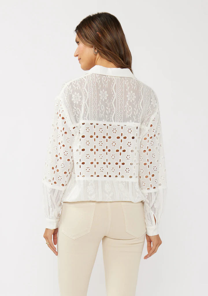 Patchwork lace cutout shirt in off white back view