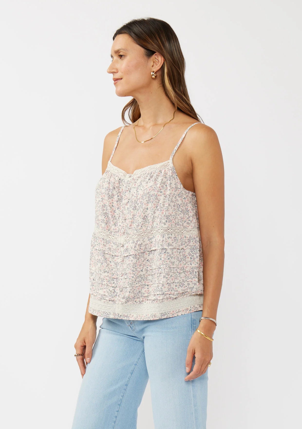 Spaghetti strap square neck button down top side view