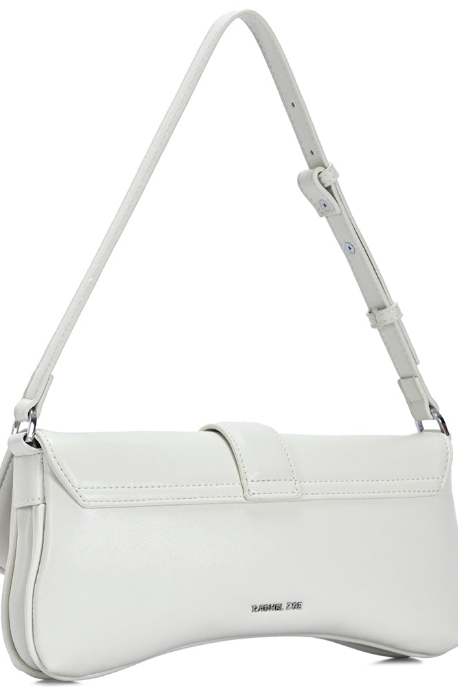 CHIC CURVED FLAP SHOULDER BAG in Bone, side view with strap and stitched flap