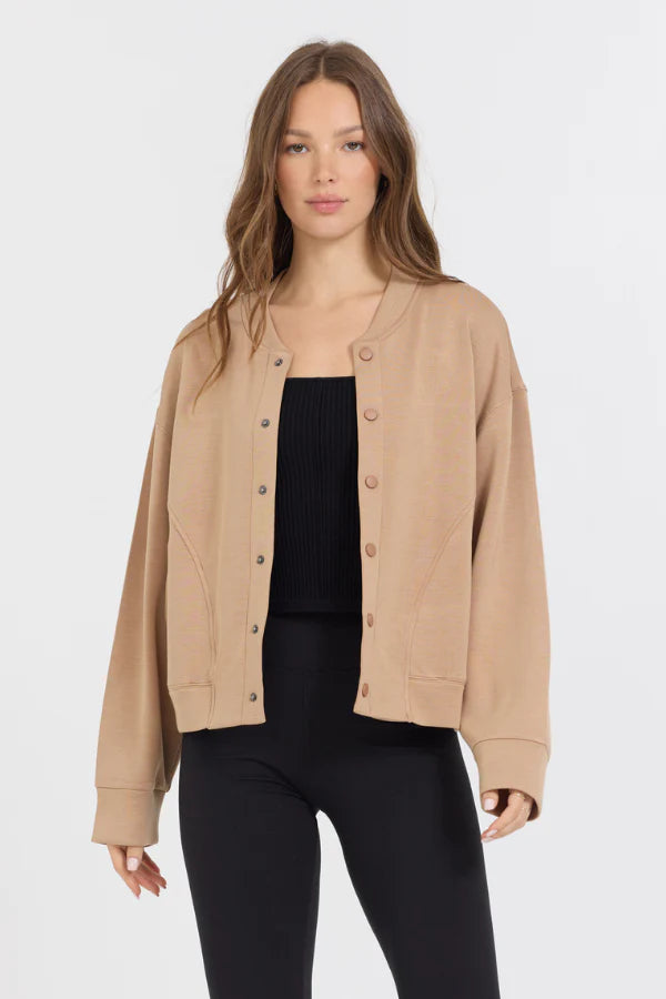 Heavy cloud fleece bomber jacket in caramel front view