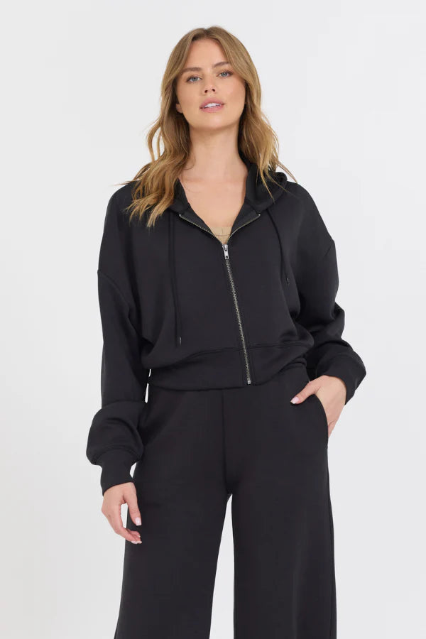 Cloud fleece crop zip up in black front view