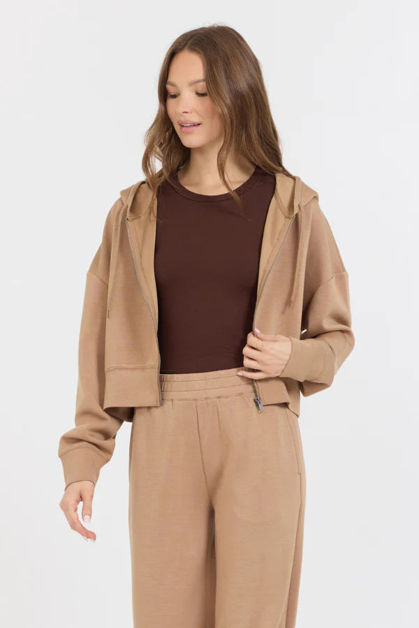 Cloud fleece crop zip up in caramel front view