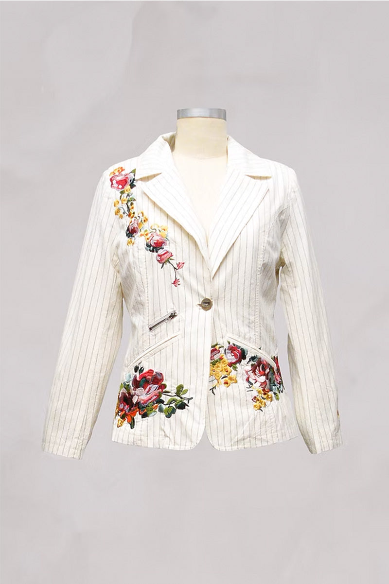 Woven Emb pin stripe blazer in ivory front view