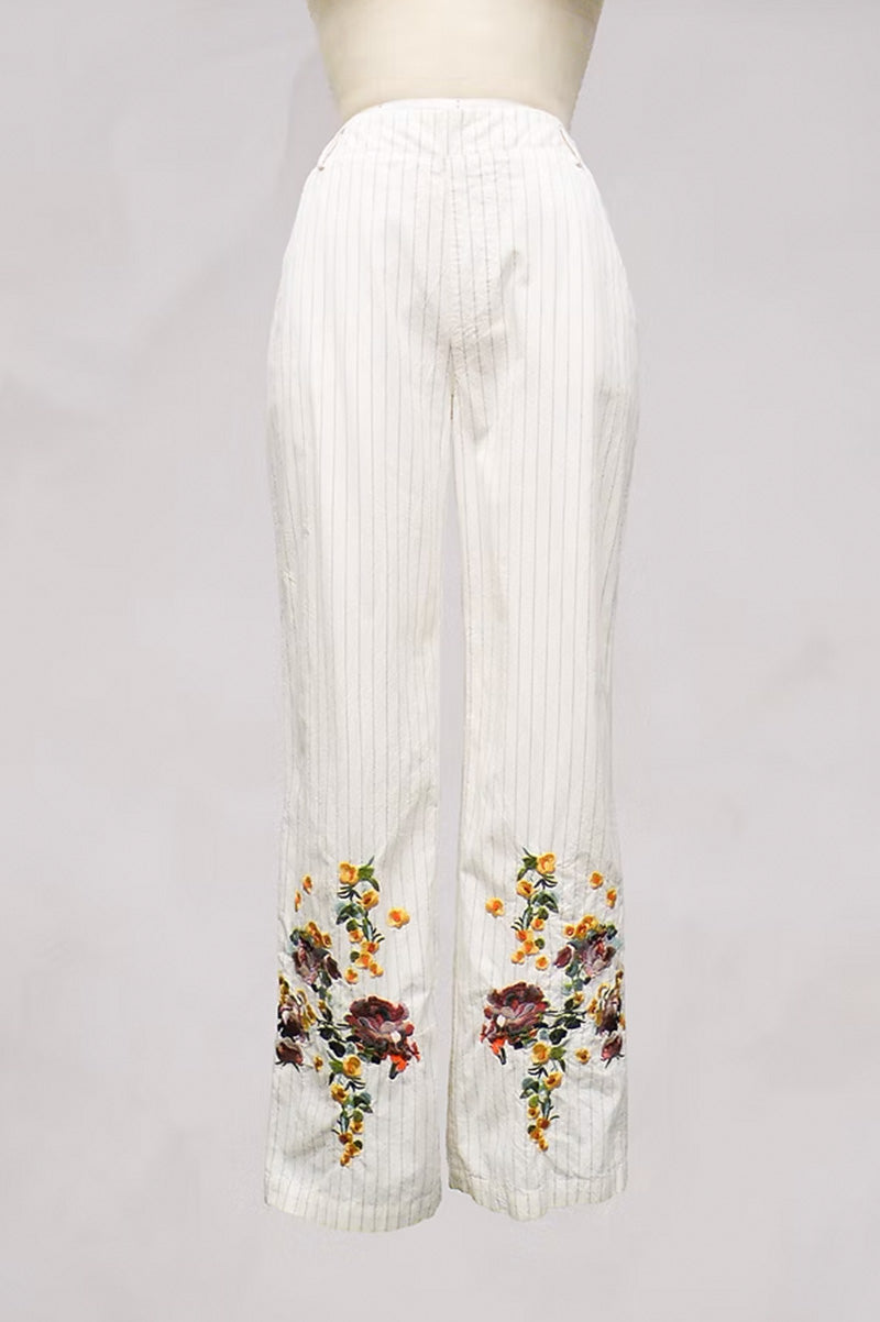 Woven pin stripe emb trim pant front view