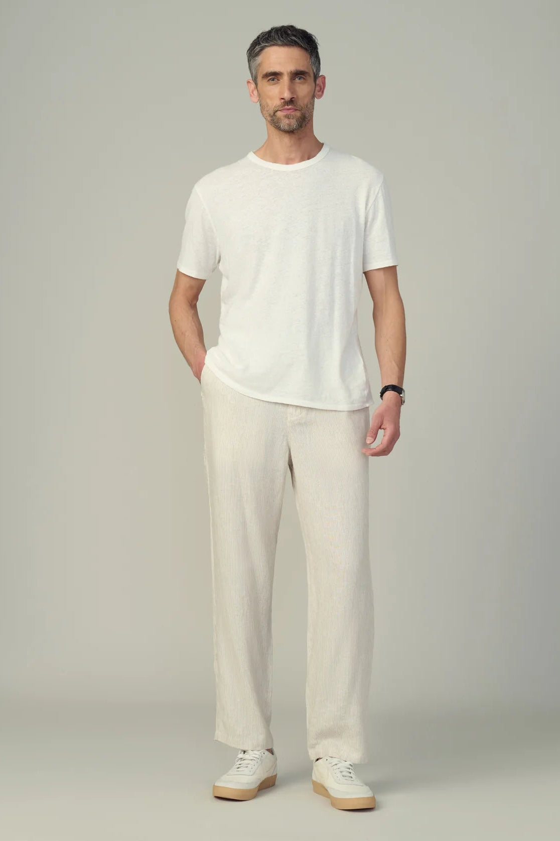 CLARKSON LINEN STRIPED PANT IN FLAX STRIPE FRONT VIEW