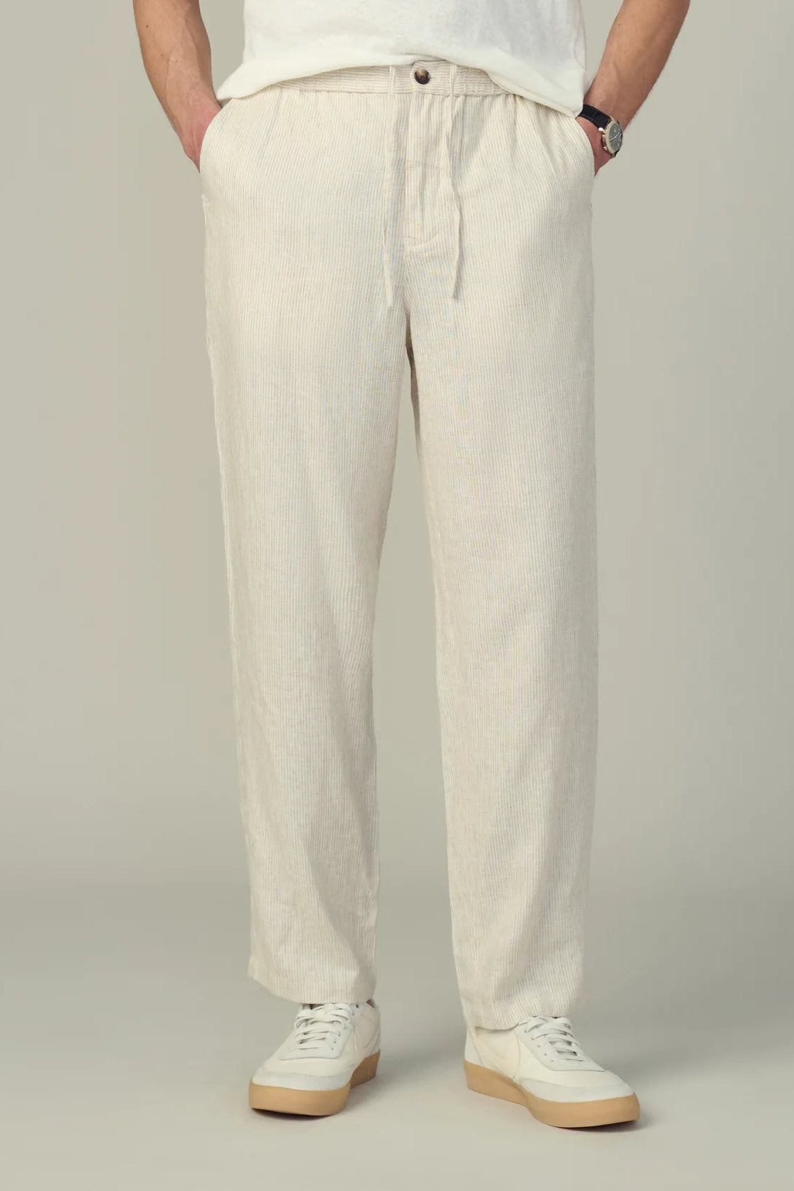 CLARKSON LINEN STRIPED PANT IN FLAX STRIPE FRONT VIEW CLOSEUP