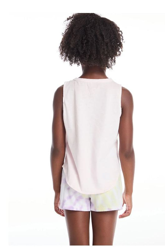 Back view of white sleeveless muscle tee