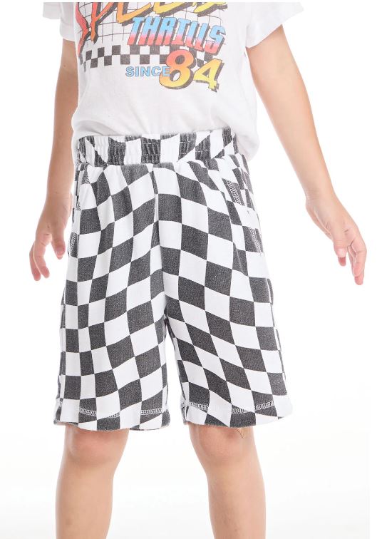Wavy check beach short in white black front view