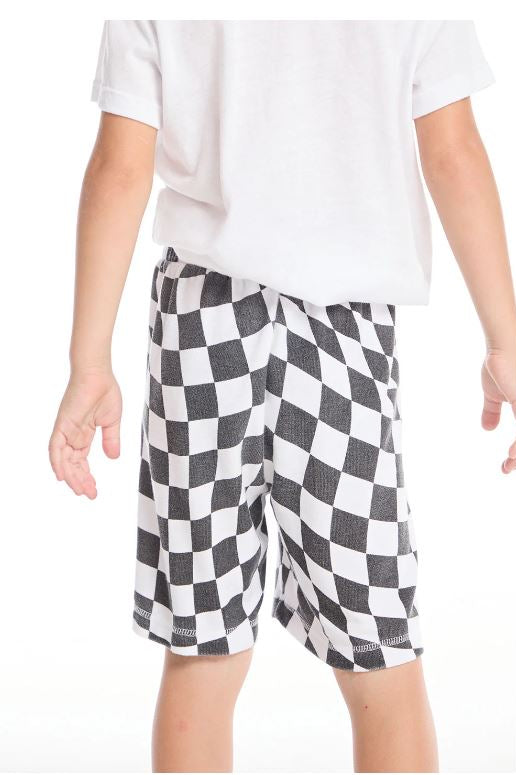 Beach Shorts WAVY CHECK in schwarz-weißem Karomuster, gerade Beinform, knie-länge
