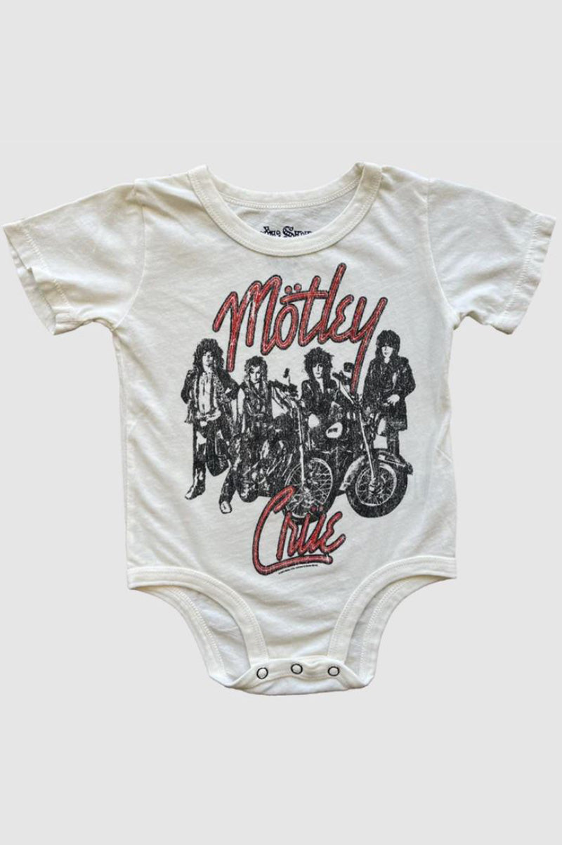 Motley crue short sleeve onesie in vintage white front flat view
