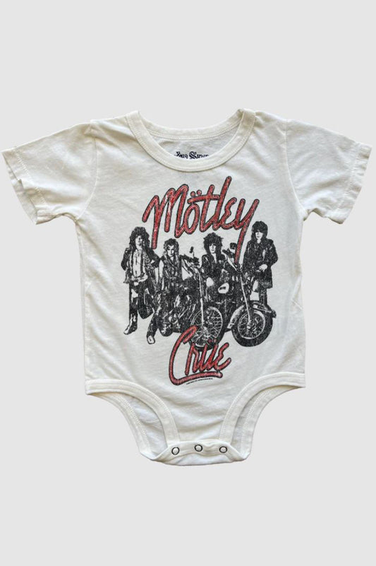 Motley crue short sleeve onesie in vintage white front flat view