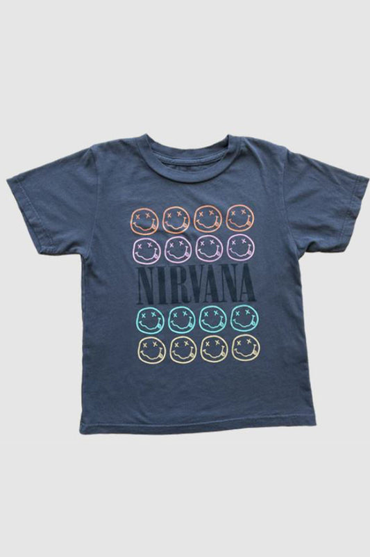 Nirvana smiley short sleeve tee in vintage black front flat view