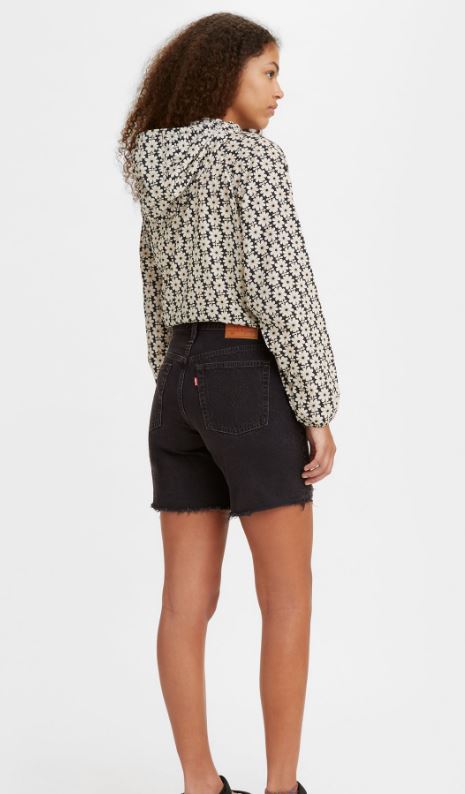 LEVI'S 501 mid-thigh shorts, dark Lunar Black, rear pockets and frayed hem