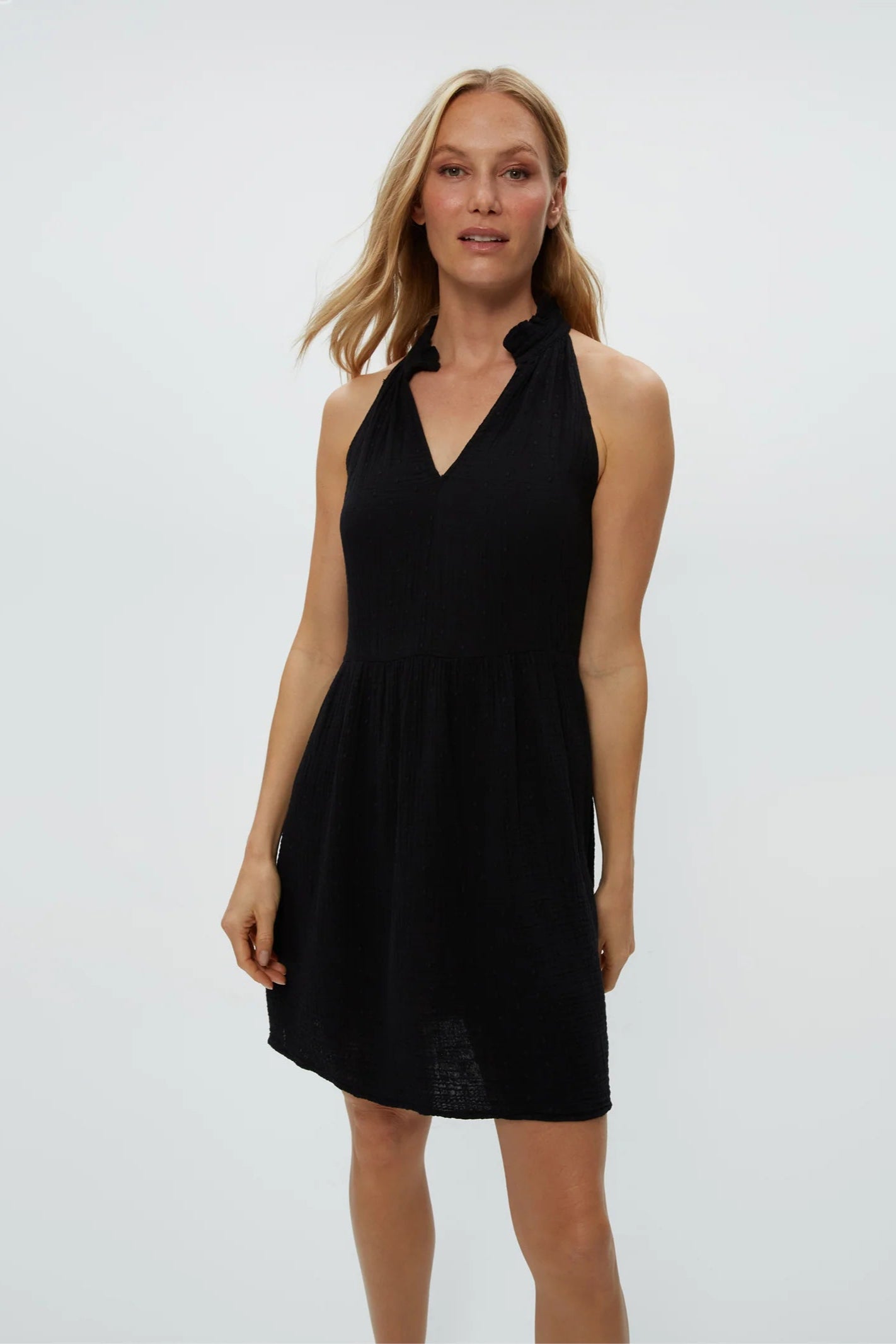 Alessa Split Neck Dress in Black front view