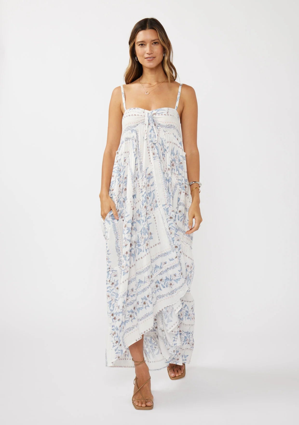 Hi lo patchwork ruffle maxi dress in cream dusty blue front view
