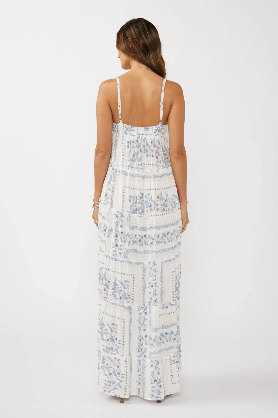 HI-LO patchwork ruffle maxi dress, back view; spaghetti straps with light blue prints