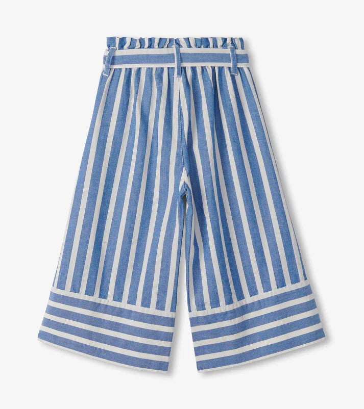 Striped cropped paperbag pants in blue front view