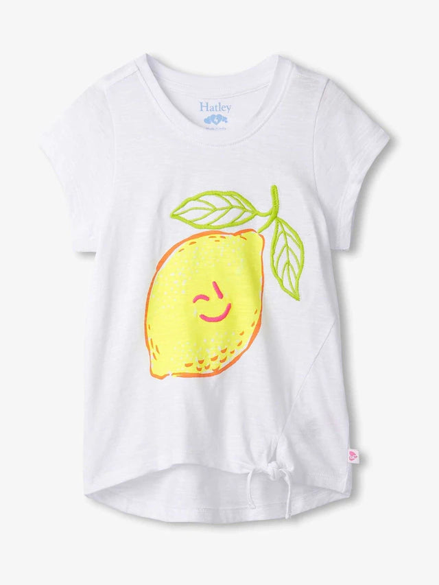 Happy lemon tie front tee in white flat view