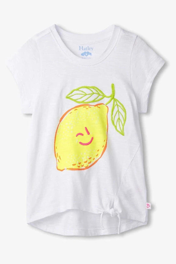 Girls' white tie-front tee with smiling lemon and leaf graphic
