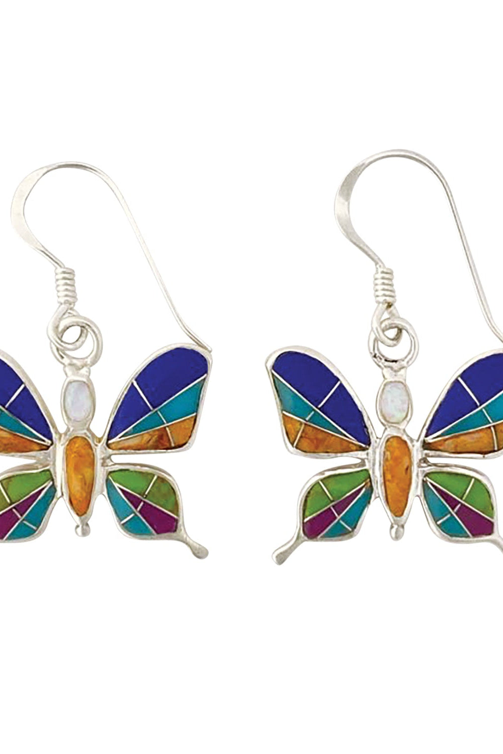 Butterfly inlay earrings, silver-tone hooks, blue multi-color wings