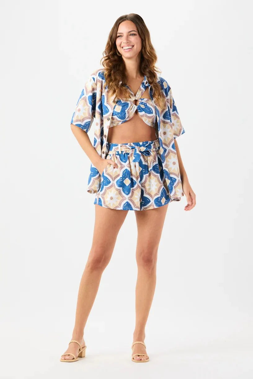 Bardot top in spanish tiles blue front view