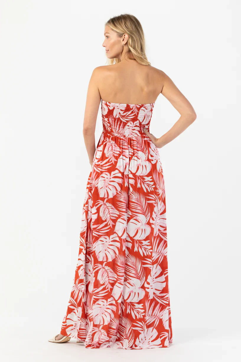 EMILIA maxi dress with strapless gathered bodice, red/white tropical print.