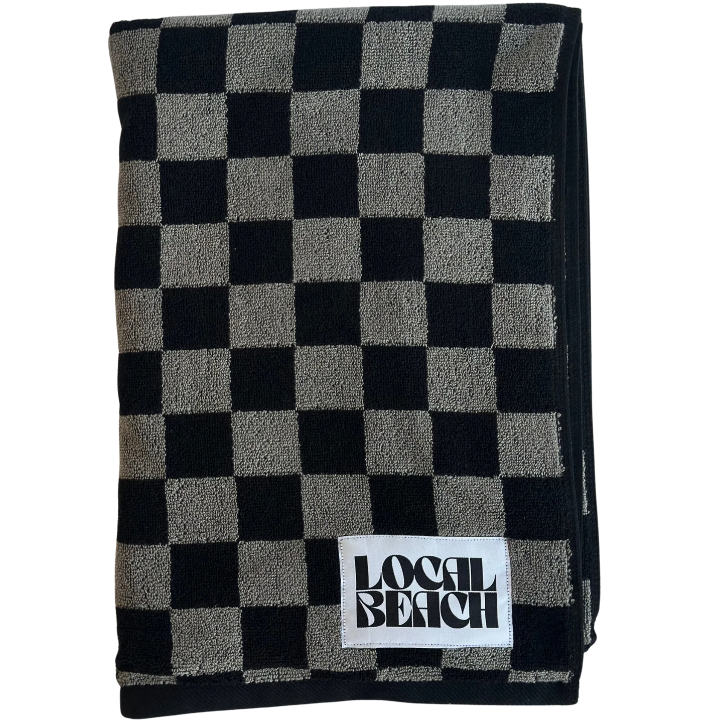 Checker beach and bath towel in black and grey front view