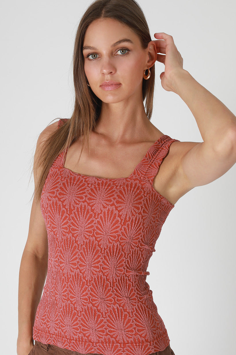 LACE TEXTURED SQUARE TOP IN CHILI OIL FRONT VIEW
