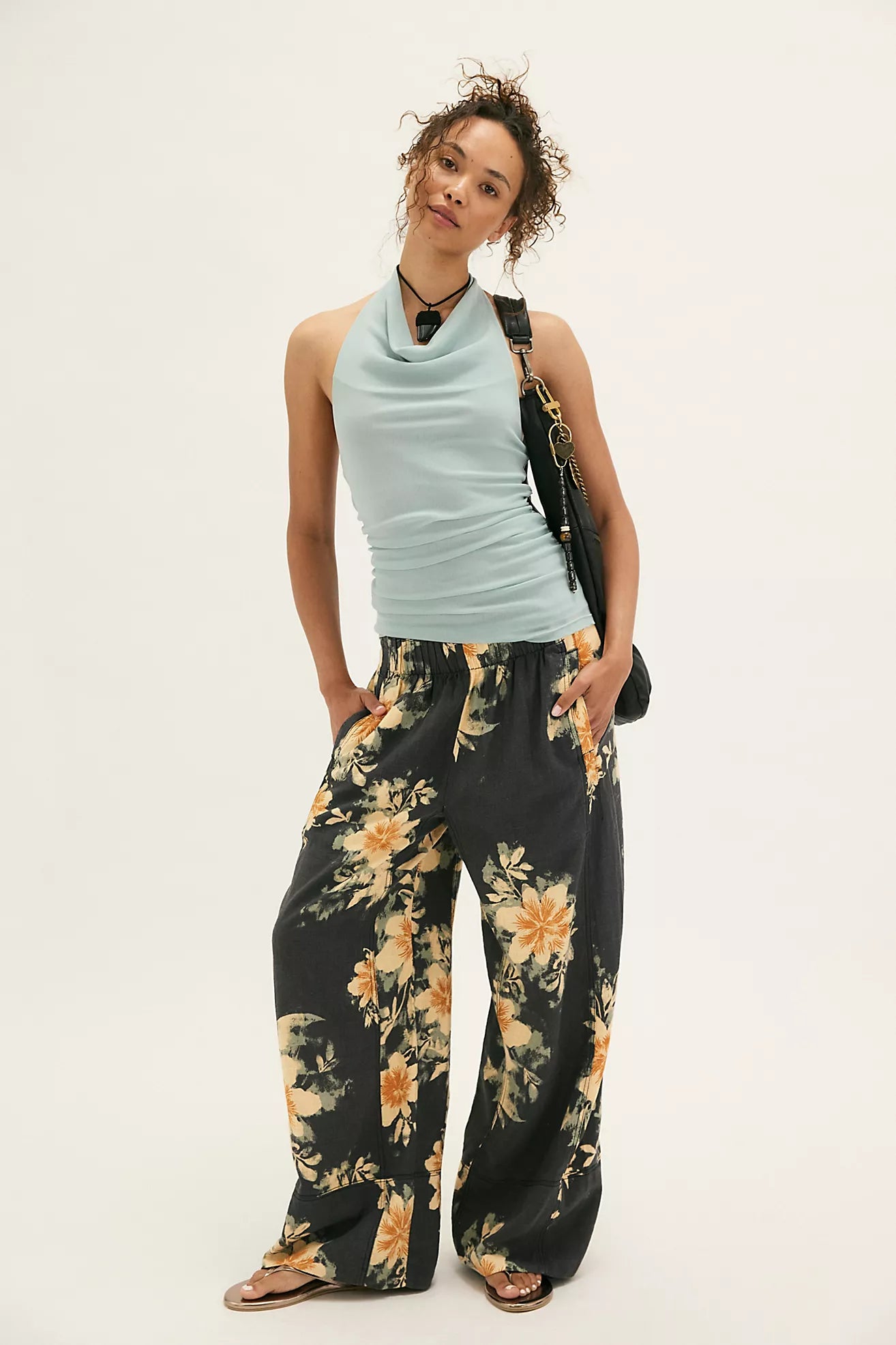 DAYS END PRINTED LINEN PANT IN WASHED BLACK COMBO FRONT VIEW
