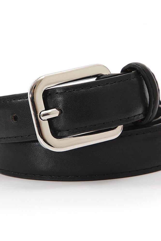 Sleek classic buckle belt, black leather with silver rectangular buckle