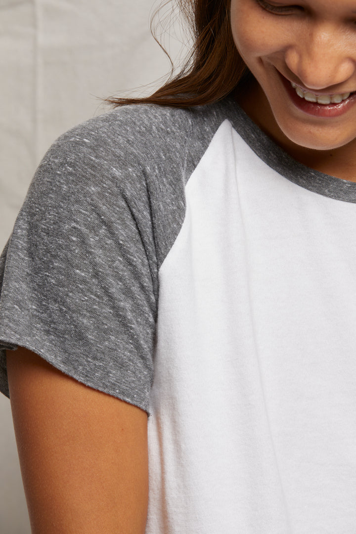 Britt jersey tee in white and heather grey close up front view