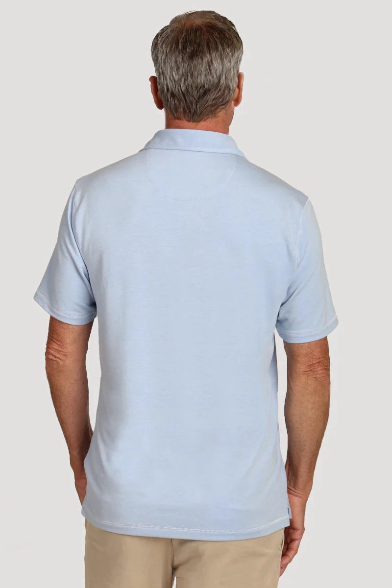 Light blue polo shirt with short sleeves and collar, viewed from back.