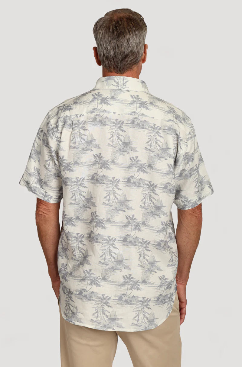 Softest cloud short sleeve linen shirt in grey with palm trees back view