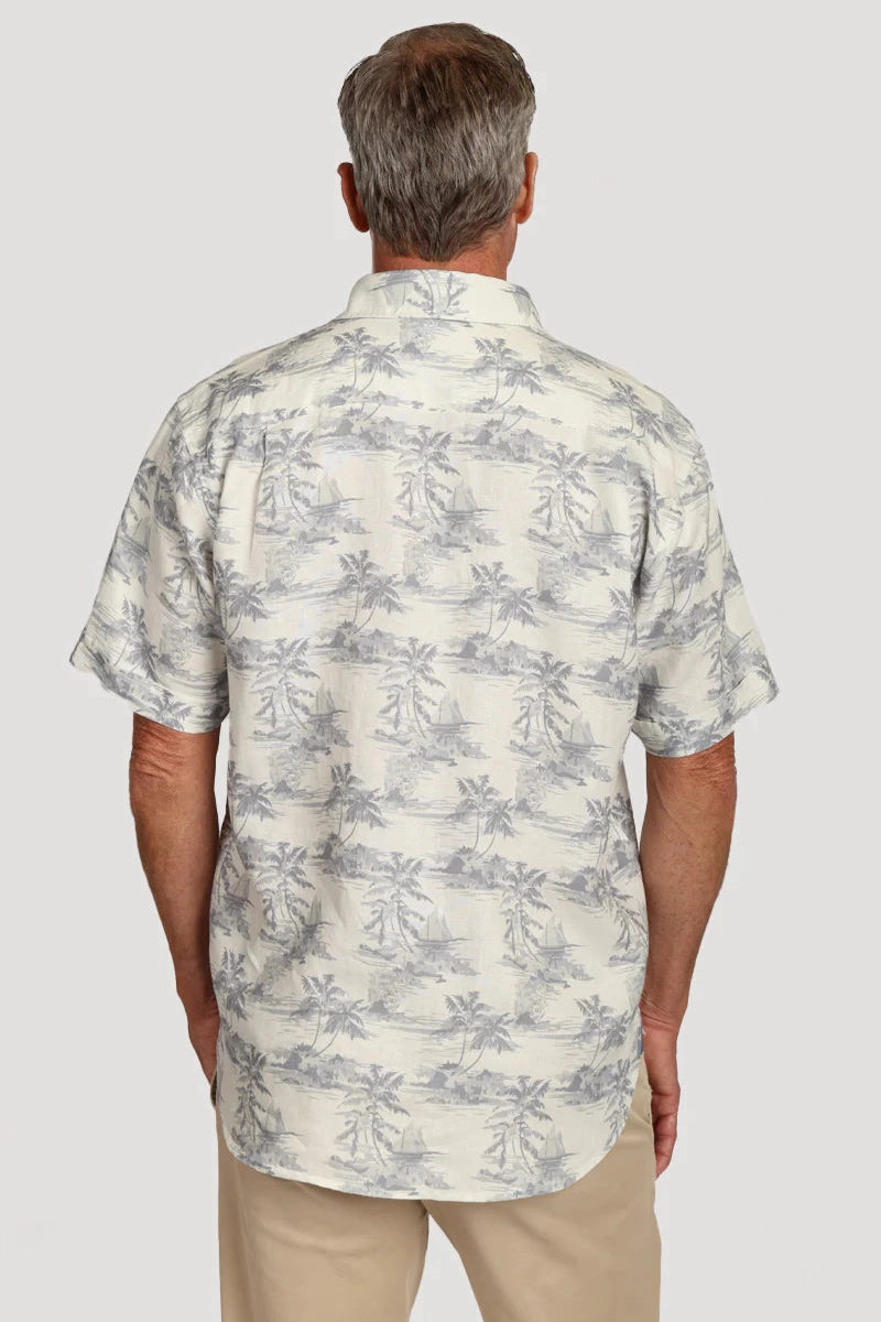 Short-sleeve linen shirt, palm-print back view