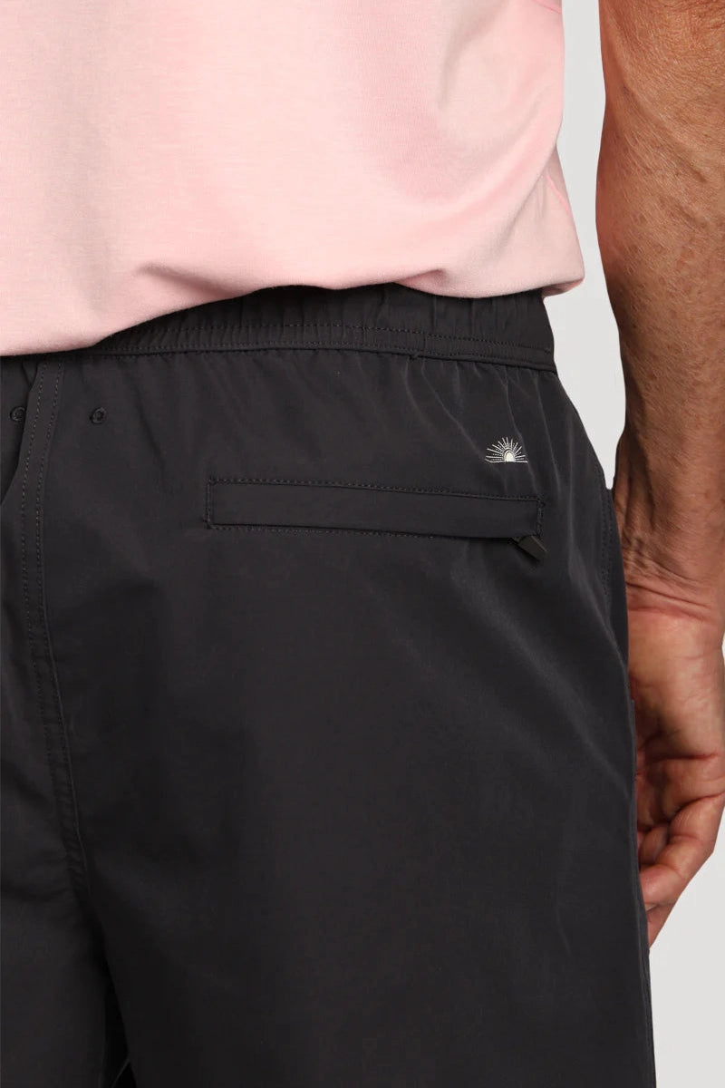 Charcoal drawstring short close-up of elastic waistband and side pocket