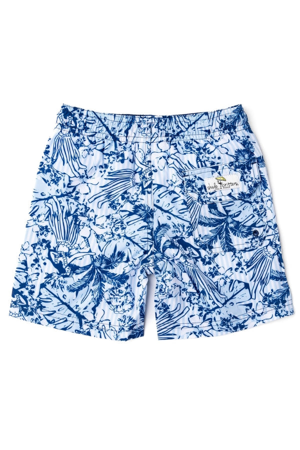Blue tropical 4-way stretch swim trunks, side pocket and elastic waistband