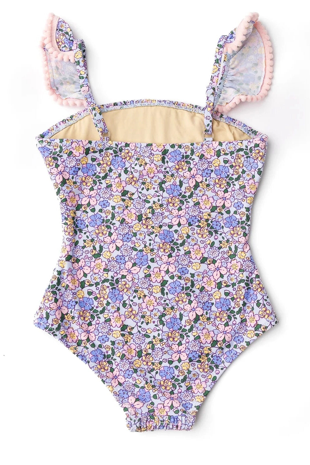 Smocked one-piece swimsuit with colorful floral print, ruffled shoulder straps
