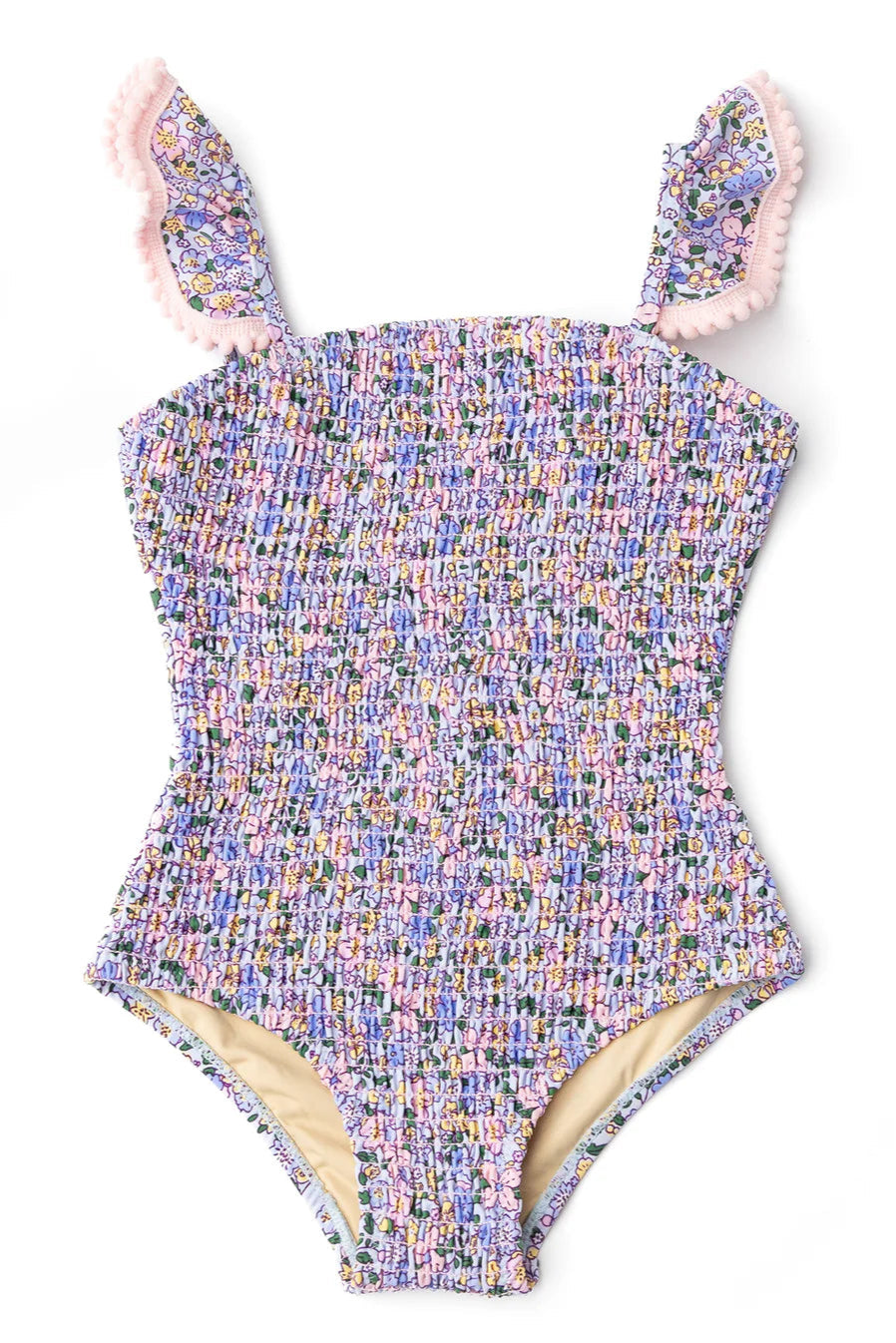 SMOCKED ONE PIECE SWIMSUIT IN BLUE BLOSSOMS FRONT VIEW