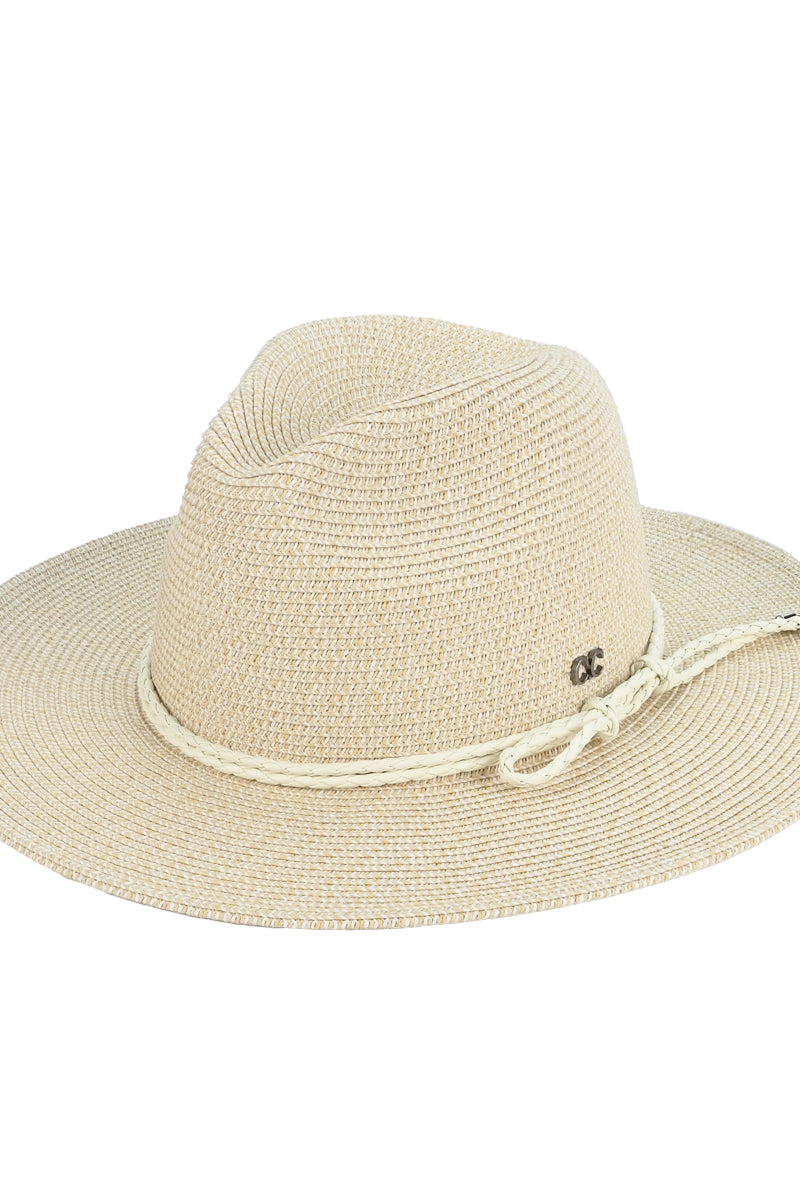 Paper panama hat in beige with leather rope trim and chin tie