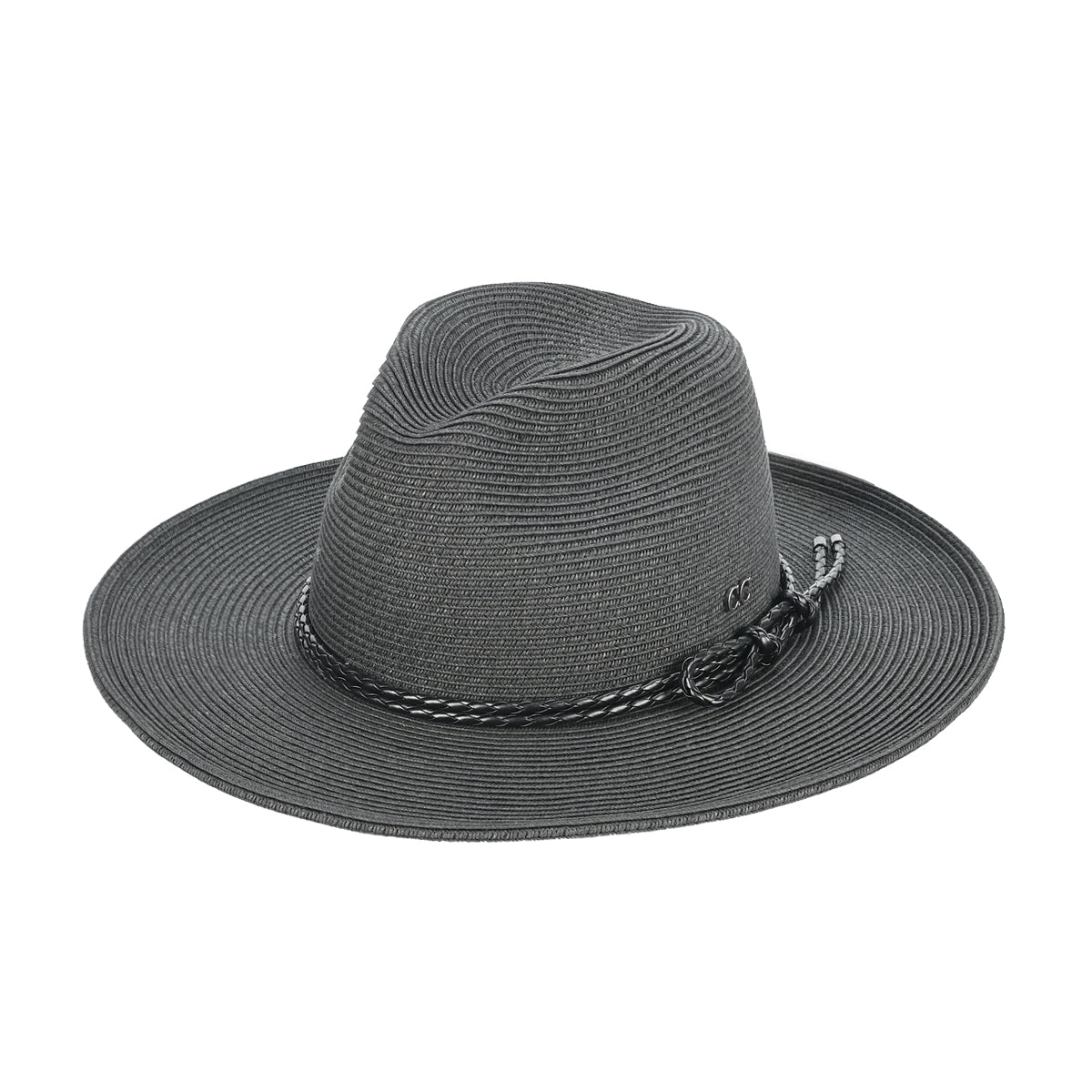 Paper panama hat with leather rope in black