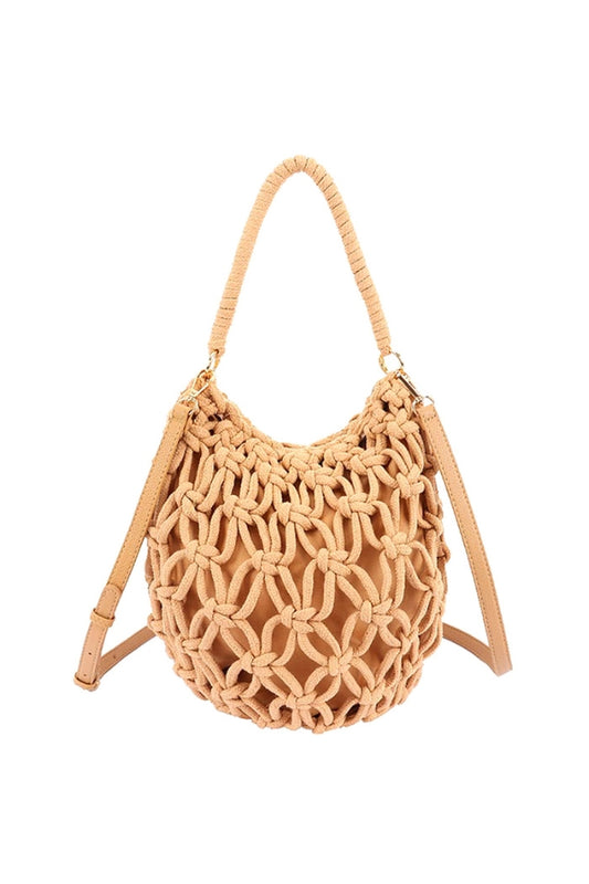 BRAIDED COTTON HOBO BAG IN KHAKI FRONT VIEW
