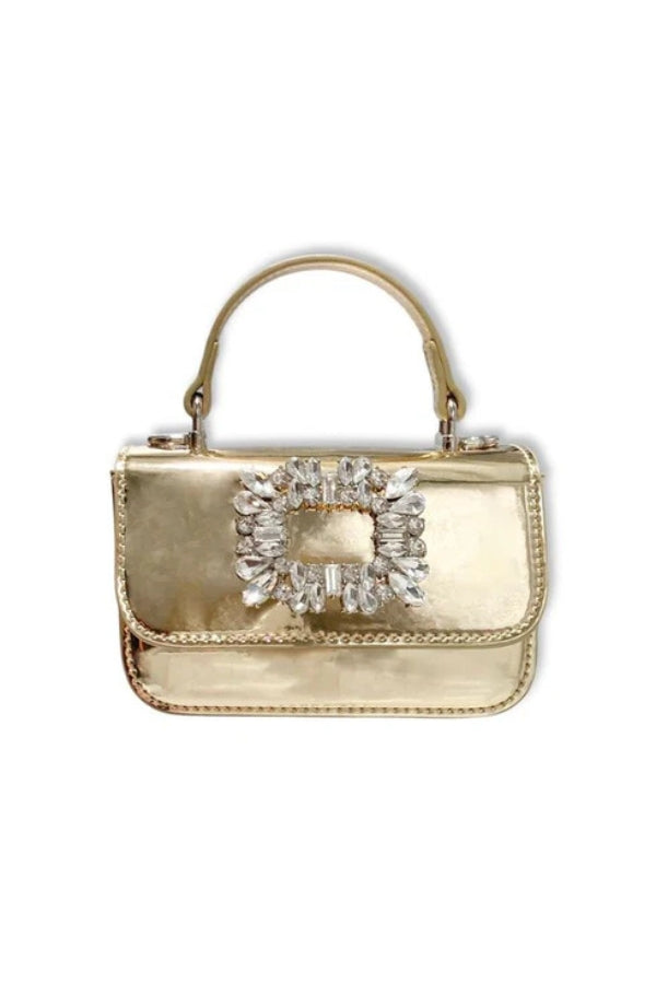 RHINESTONE PATENT PURSE IN GOLD FRONT VIEW