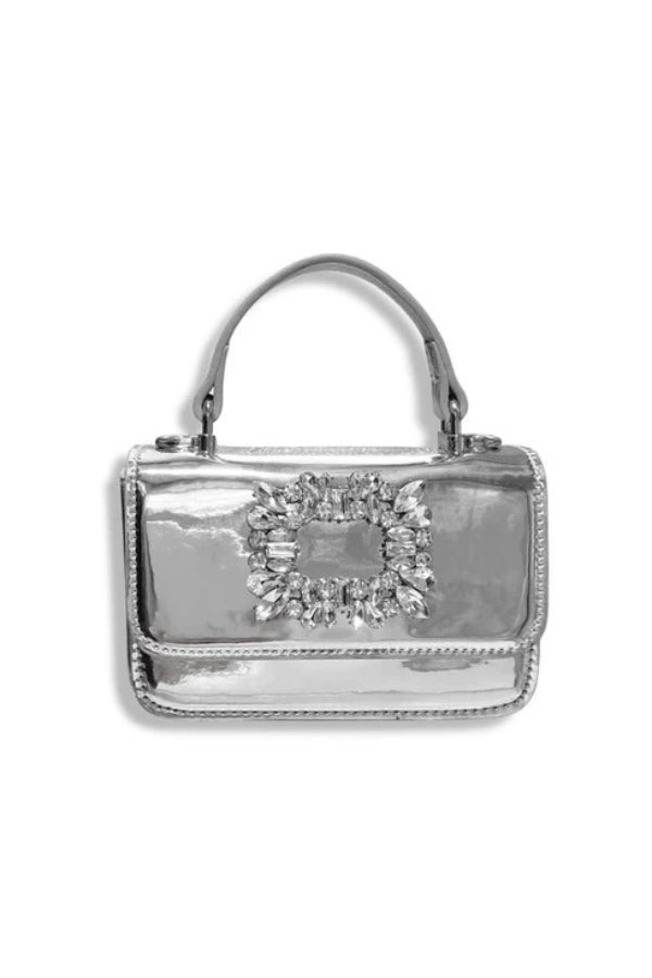 RHINESTONE PATENT PURSE IN SILVER FRONT VIEW