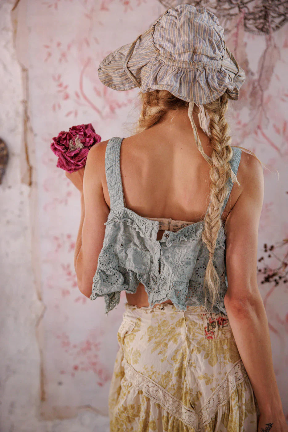 OLIVE EYELET RUFFLE CAMI IN DOVE ASH BACK VIEW