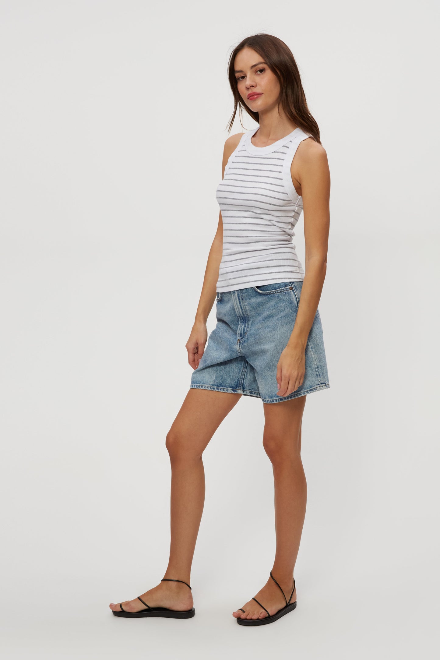 White-and-heather gray striped crop tank, side profile
