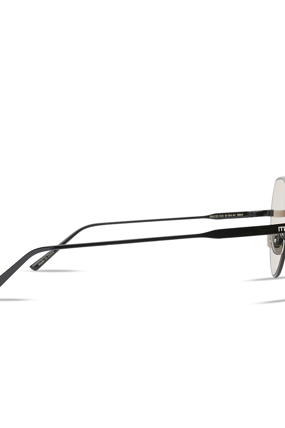 SAM sunglasses side view: black metal frame with light-tinted lenses and branded temple