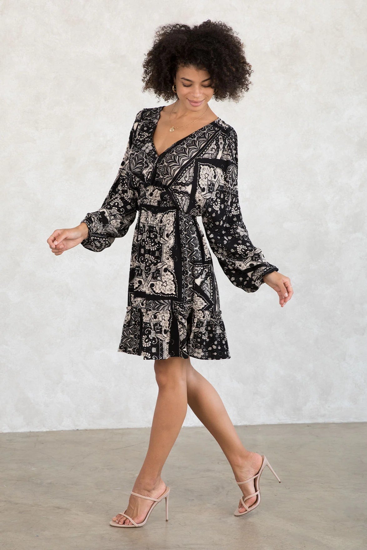 Dolman sleeve smocked mini dress in black taupe front view